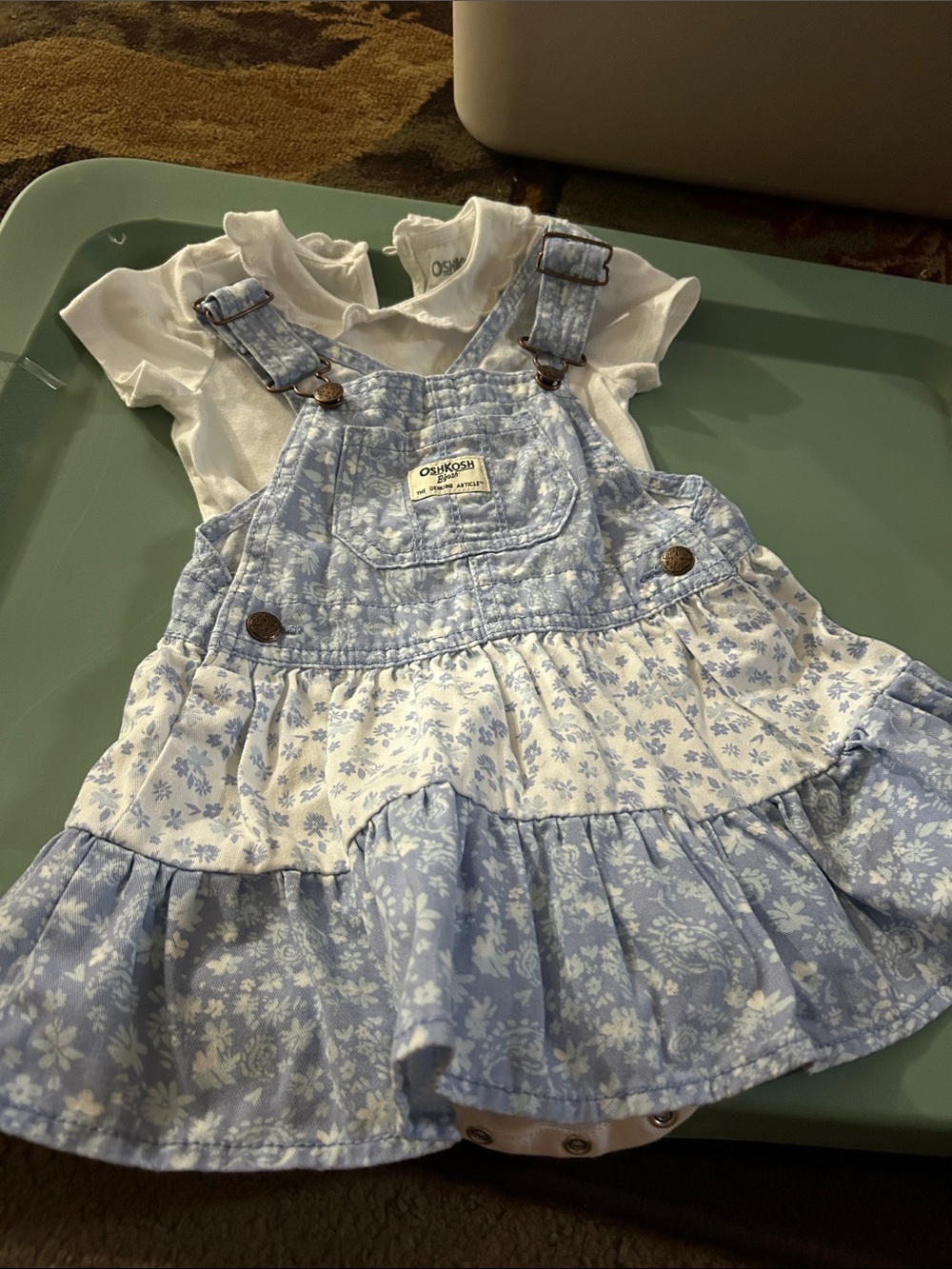 OshKosh White and Blue Floral Overall Dress